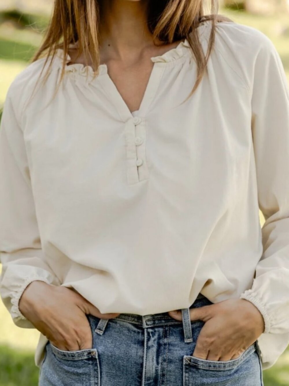 Neuflora Micro Corduroy Cream Blouse 100% Cotton Long Sleeve Prairie Cottagecore